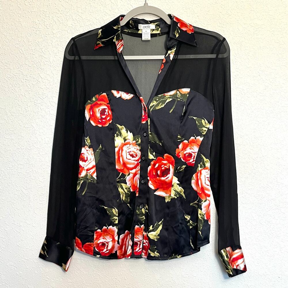 Cache Black Silk Floral Sheer Button Up Blouse XS Romantic Whimsigoth Vamp Y2K